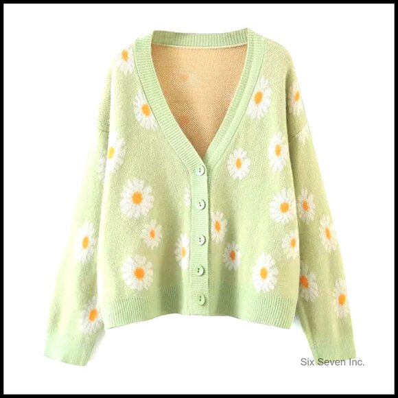 Y2K Patterned V-Neck Cardigan Long Sleeve Loose Fit Knit Sweater Button Front